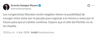 Samper advirtió que la “libertad” otorgada a los militantes podría convertirse en una imposición de César Gaviria - crédito @ernestosamperp/X