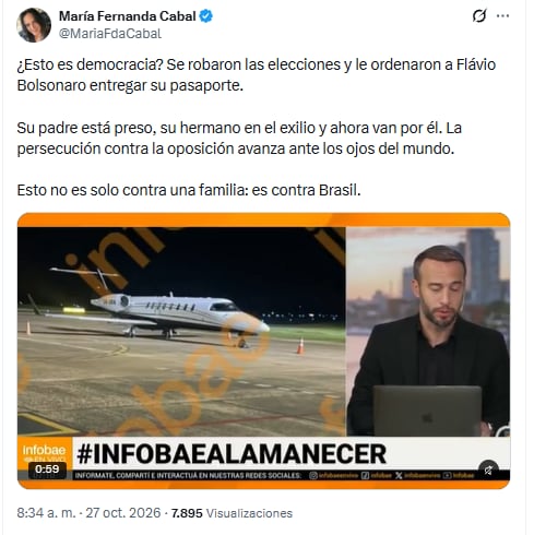 Con un mensaje en la red social X, en el que citó a Infobae, la exsenadora María Fernanda Cabal cuestionó las medidas judiciales contra el excandidato presidencial Flávio Bolsonaro, que habría volado rumbo a Estados Unidos - crédito @MariaFdaCabal/X