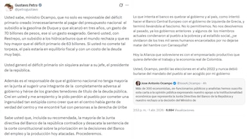 Gustavo Petro respondió a las críticas de José Antonio Ocampo sobre la salida de Germán Ávila de la Junta del Banco de la República - crédito @petrogustavo/X