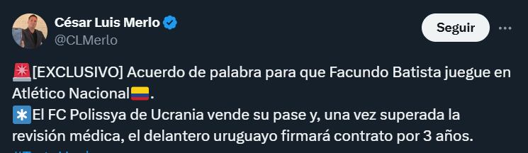 Atlético Nacional tendría listo el fichaje de Facundo Batista- crédito @CLMerlo/X