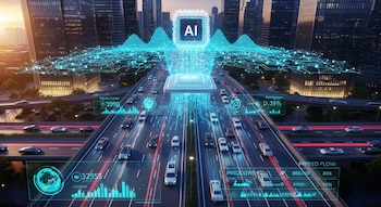 Vista aérea de una autopista urbana con muchos autos y edificios altos, superpuesta con gráficos de datos azules brillantes y un chip "AI" flotante en el centro.