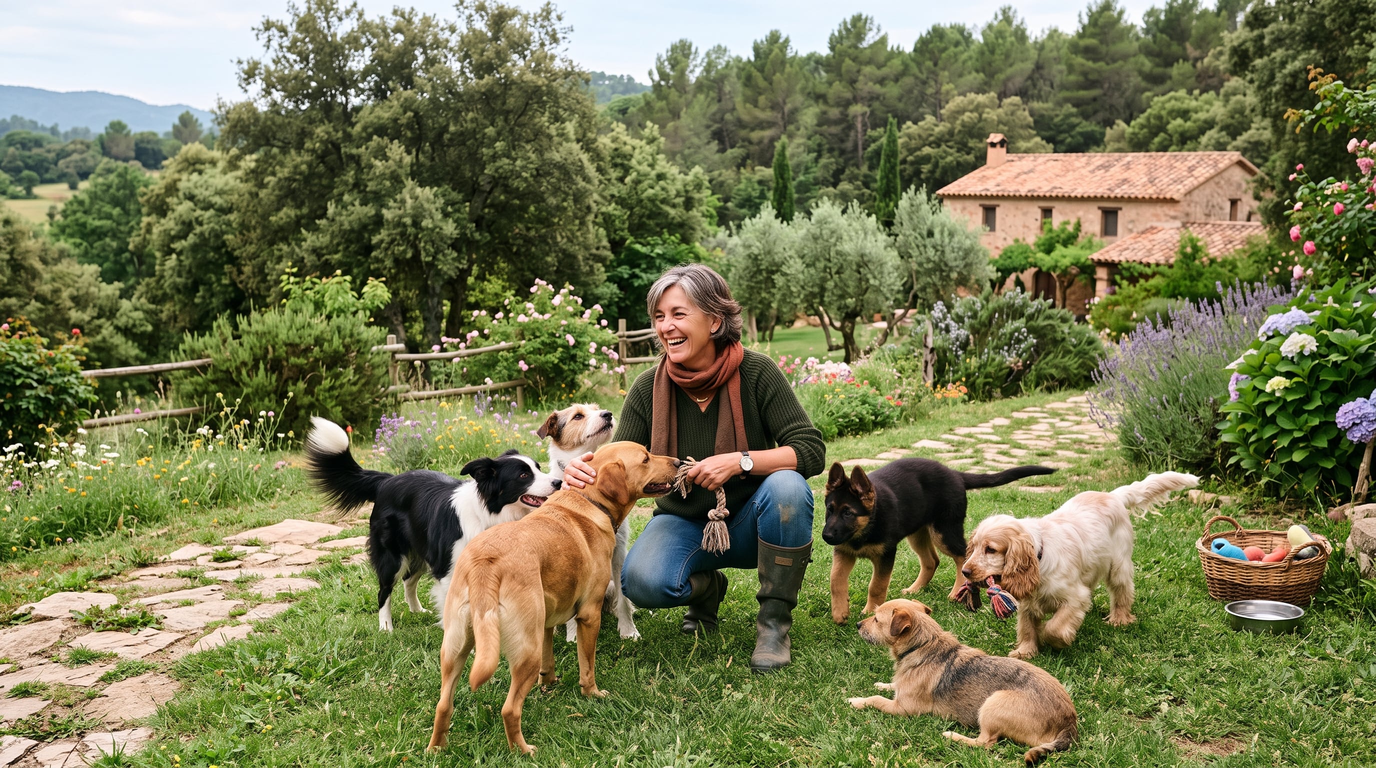Una mujer atiende a varios perros de distintas razas en el jardín de una vivienda ubicada en una zona rural. (Imagen Ilustrativa Infobae/IA)