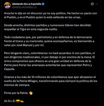 Abelardo de la Espriella obtiene 10.361.499 votos en la primera vuelta y se perfila como favorito en las elecciones presidenciales de Colombia - crédito @ABDELAESPRIELLA / X