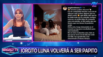 Captura de televisión con Magaly Medina a la izquierda y una publicación de Jorge Luna sobre la llegada de su hijo a la derecha