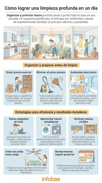 Infografía sobre limpieza profunda del hogar con personas limpiando en cocina, sala y baño, cajas, aspiradora, plumero, lavavajillas, lavadora y calendario.