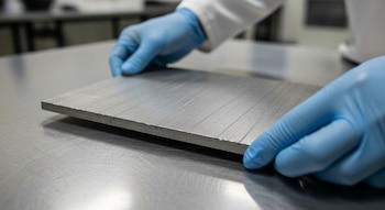 Primer plano de manos con guantes azules de nitrilo sujetando una placa metálica rectangular sobre una superficie de metal pulido.