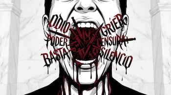 Dibujo en negro, blanco y rojo de una persona con la boca abierta gritando, rodeada de letras rojas estilizadas y púas.