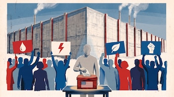 Una persona deposita un voto en una urna con la bandera de Estados Unidos. Un grupo de personas alza carteles frente a una planta industrial con chimeneas humeantes.