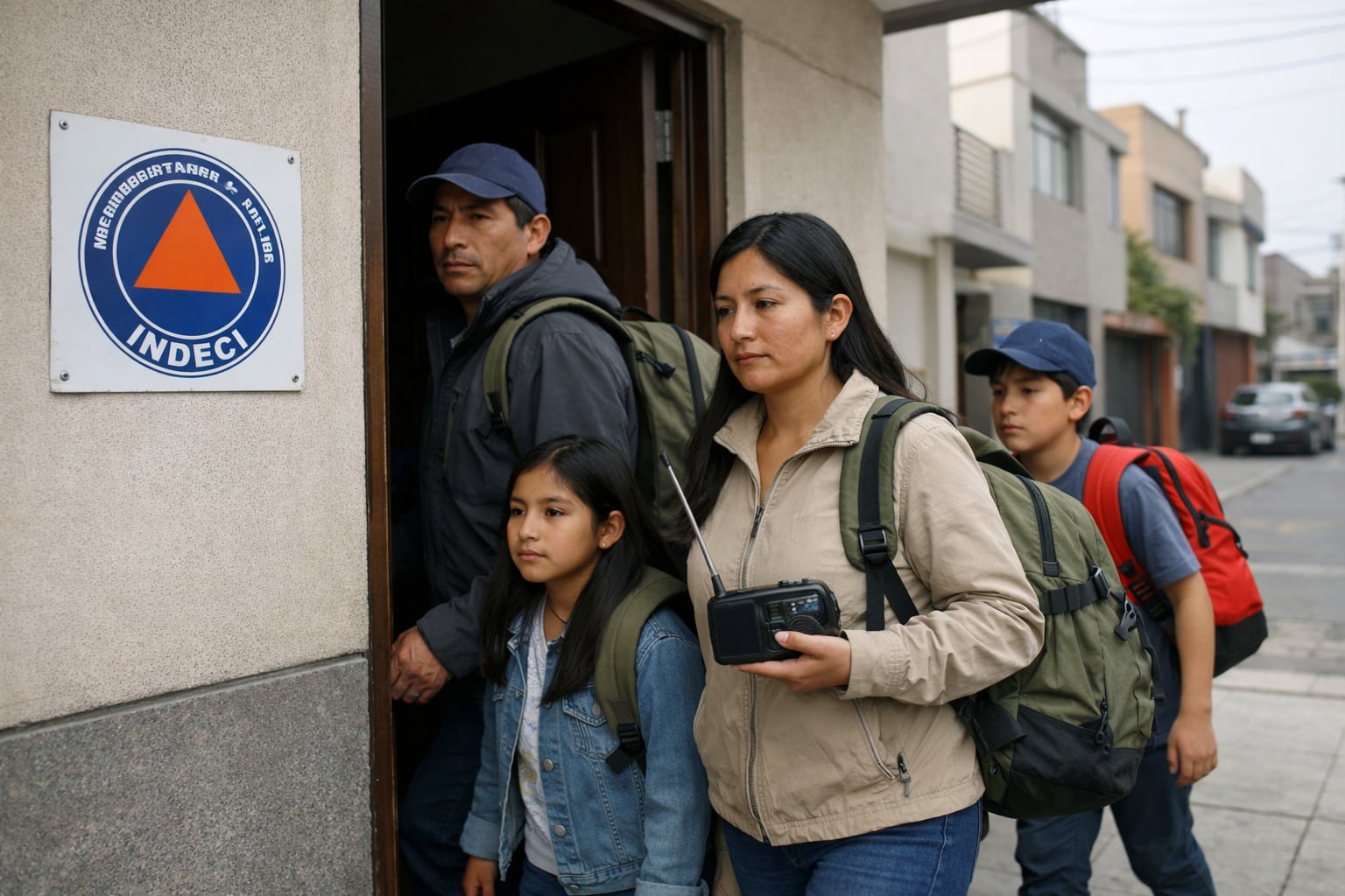 Una familia peruana, compuesta por padre, madre y dos hijos, sale ordenadamente de su hogar con mochilas de emergencia durante un simulacro de evacuación, con el logo del INDECI visible en la pared. (Imagen Ilustrativa Infobae)