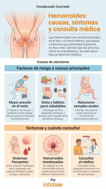 Infografía de hemorroides; ilustraciones de nalgas, un hombre en el inodoro, dieta, embarazo, pesas, pareja, síntomas, hemorroide trombosada y consulta médica.