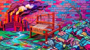 Muro de ladrillos colorido, fábrica con chimeneas y humo, río verde y azul, telar de madera con hilos, gran pila de ropa usada y árbol seco.