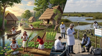 Imagen dividida: izquierda, un asentamiento maya con personas cultivando en humedales y usando canoas; derecha, científicos monitoreando un humedal con equipos.