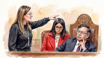 Ilustración estilo acuarela de tres personas: una mujer de pie señala a otra mujer sentada junto a un hombre, todos tras una mesa de madera.