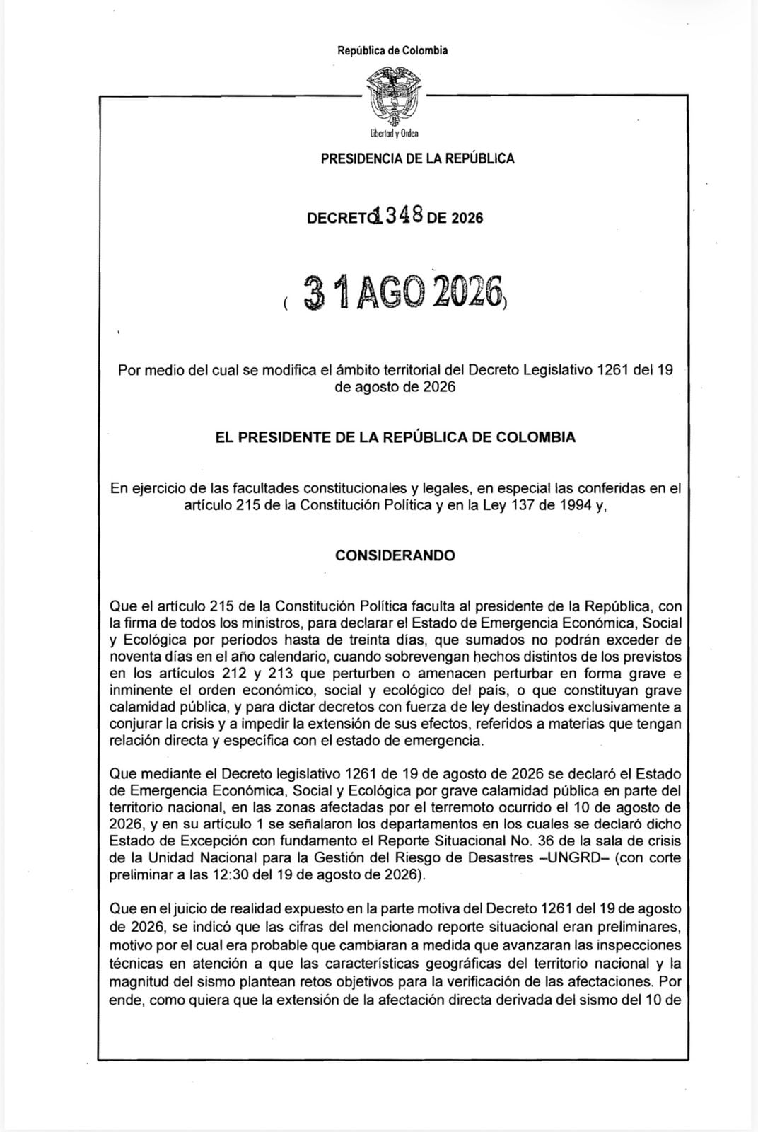 El Gobierno de Abelardo de la Espriella modificó, mediante el Decreto 1348 firmado el 31 de agosto, la emergencia adoptada tras el terremoto del 10 de agosto de 2026: incluyó a Caquetá y Santander y excluyó a Putumayo - crédito suministrada