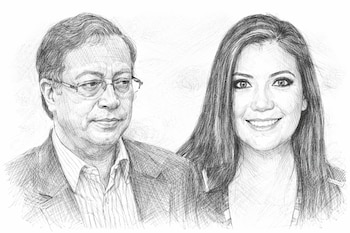 Dibujo a lápiz de dos personas: un hombre con gafas a la izquierda, y una mujer sonriendo con cabello largo a la derecha, sobre un fondo blanco.