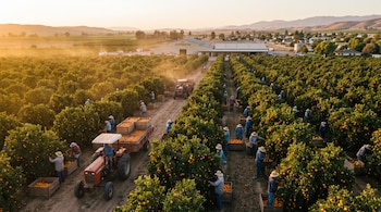 Gran plantación de naranjos con fruta, múltiples trabajadores, dos tractores con remolques cargados de cajas de madera con naranjas. Edificio con letrero "COOPERATIVE".