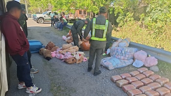 Agentes con chalecos reflectantes revisan bultos con peluches y ladrillos empaquetados a la orilla de un camino de tierra