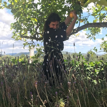 Una mujer con cabello oscuro y vestido de lunares negros y blancos recoge una fruta amarilla de un árbol. Hay lavanda en primer plano y montañas al fondo