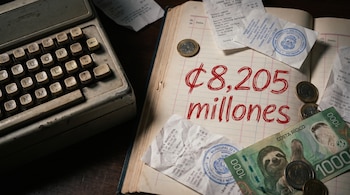 Calculadora antigua, libreta de cuentas abierta con la cifra ¢8,205 millones en rojo, billetes y monedas de Costa Rica, recibos y sellos municipales.