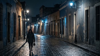 Mujer caminando sola por una calle adoquinada mojada de noche, flanqueada por edificios de fachadas desgastadas. Faroles iluminan el camino.