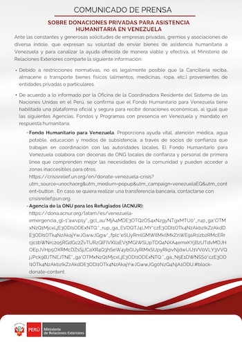 Ante la imposibilidad legal de recibir bienes físicos, el gobierno peruano recomienda canalizar la solidaridad a través de mecanismos económicos gestionados por la ONU y otras agencias especializadas