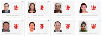 Ocho recuadros con fotografías de estudio de candidatos a diputados de Piura, cada uno con su nombre y un icono rojo de una figura antropomorfa