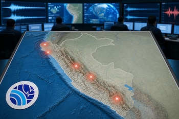 Un mapa en relieve de Perú con marcadores rojos y el logo del Instituto Geofísico del Perú ante personas observando pantallas.
