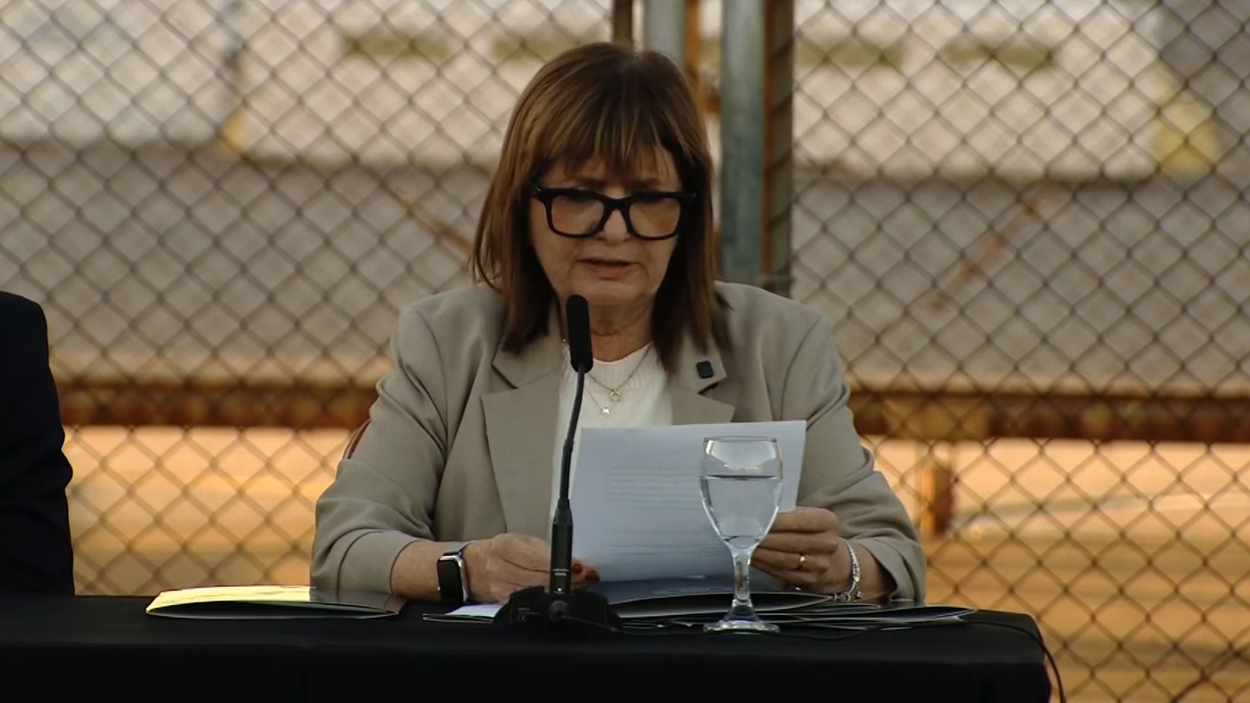 La exministra de Seguridad Patricia Bullrich durante la presentación del Código Penal en el predio de Ezeiza