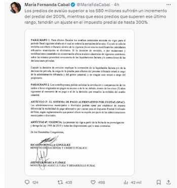 Maria Fernanda Cabal calificó de "criminal" proyecto de ley radicado por el los ministros de Hacienda y Agricultura- crédito Maria Fernanda Cabal / X