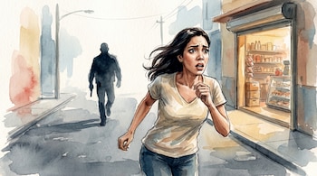 Ilustración acuarela de Esmeralda Moronta (36 años), mujer de cabello oscuro, corriendo con pánico por calle urbana. Un hombre oscuro la persigue a distancia.