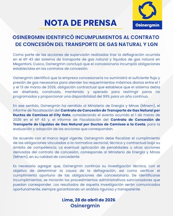 Comunicado de OSINERGMIN