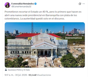 La senadora Esmeralda Hernández señaló que la nueva infraestructura contradice el discurso de austeridad promovido durante la campaña de Abelardo de la Espriella y pidió revisar el gasto público - crédito @EsmeHernandezSi/X