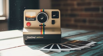 Cámara instantánea Polaroid OneStep Rainbow beige con franja arcoíris sobre mesa de madera. Varias fotos impresas en primer plano. Fondo de ladrillos borroso.
