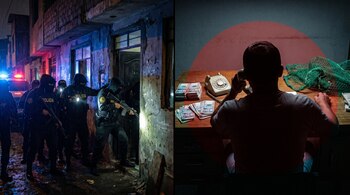 Díptico. Izquierda: policías encapuchados armados entran a una vivienda oscura. Derecha: hombre de espaldas en escritorio con billetes de soles, teléfono y red verde.