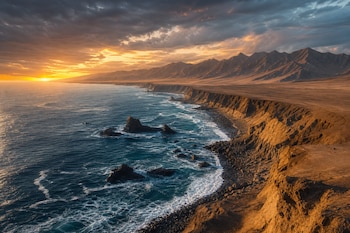 Acantilados rocosos junto al océano con olas rompiendo en la orilla, terreno árido y montañas en el horizonte bajo un cielo al atardecer.