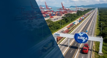 Vista aérea de una autopista, un tren de carga, un puerto marítimo, grúas, contenedores, un aeropuerto y un cartel con el logo SIECA.