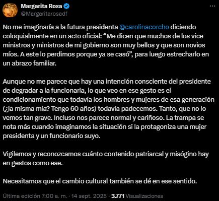 Margarita Rosa de Francisco opinó sobre la polémica del presidente Petro y Gloria Miranda - crédito @Margaritarosadf