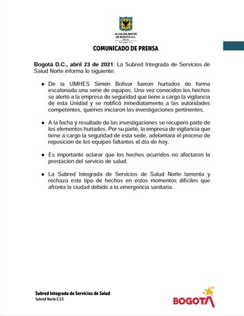 Comunicado de la Subred Norte