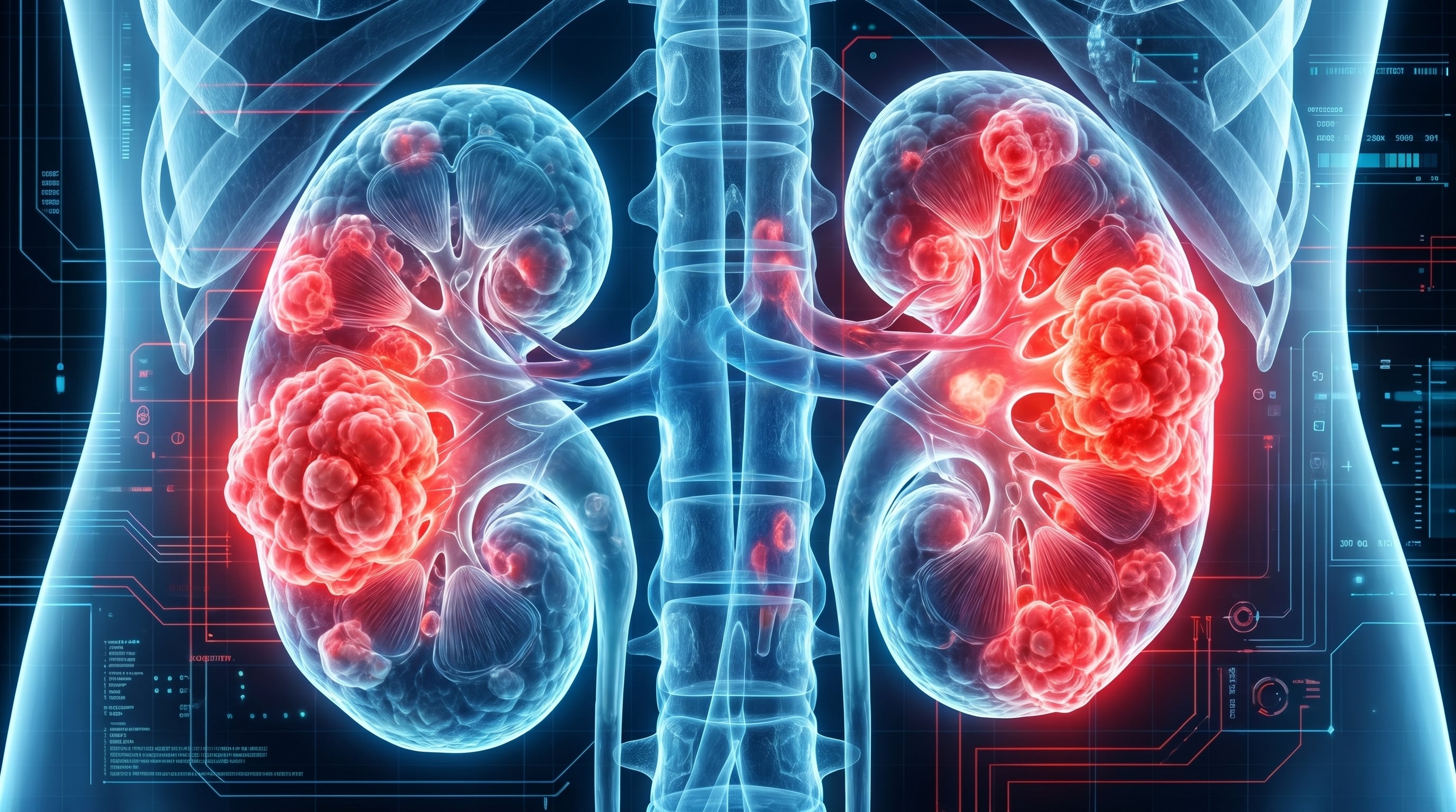 Representación médica digital de riñones humanos con áreas de preocupación resaltadas en rojo, ilustrando el vínculo entre la obesidad y el aumento de casos de cáncer renal. (Imagen Ilustrativa Infobae)