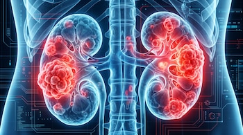 Visualización médica futurista de dos riñones humanos translúcidos en azul. Múltiples zonas rojas brillantes indican anomalías, sobre un fondo oscuro y digital.