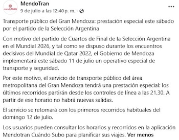Mendotran dispuso que durante el partido Argentina-Suiza no habrá colectivos en gran parte de la ciudad de Mendoza