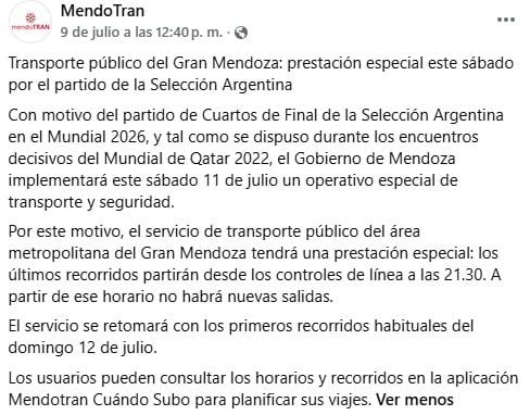 Mendotran dispuso que durante el partido Argentina-Suiza no habrá colectivos en gran parte de la ciudad de Mendoza (Mendotran)