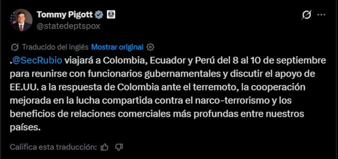 La gira de Marco Rubio por América del Sur también incluirá reuniones en Ecuador con Daniel Noboa y en Perú con representantes del Gobierno de Keiko Fujimori - crédito @statedeptspox/X
