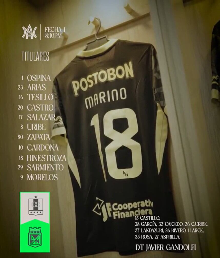 Alineación de Atlético Nacional para el partido contra Once Caldas en Manizales - crédito Atlético Nacional