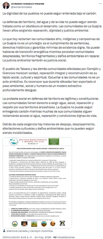 Director de Indepaz reclamó justicia ambiental y social para pueblos afro, indígenas y campesinos de La Guajira - crédito @leonardonzalez/X