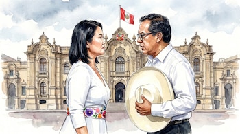 Pintura en acuarela de Keiko Fujimori y Roberto Sánchez de pie, mirándose mutuamente, con el Palacio de Gobierno de Perú y la bandera peruana detrás.