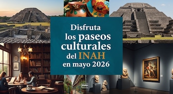 Collage que muestra pirámides prehispánicas, piezas de cerámica coloridas, personas en un café literario y esculturas con una pintura en un museo, con texto central sobre el INAH.