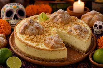 Carlota de limón cortada con figuras de pan de muerto encima, en un plato de barro junto a limones, flores de cempasúchil, calaveras y una vela.