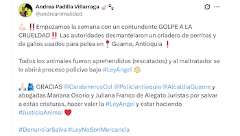Inicialmente, la senadora aseguró que los hechos ocurrieron en Guarne, pero luego aclaró que el criadero se ubicaba en Guatapé - crédito Andrea Padilla / X
