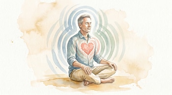 Ilustración acuarela de hombre maduro meditando con ojos cerrados, ondas azules y verdes alrededor, y un corazón coral en el pecho. Fondo ocre suave.